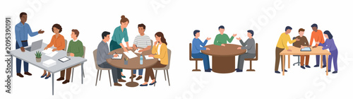 Flat vector illustration of business people meeting, collaborating, and working in teams at office tables