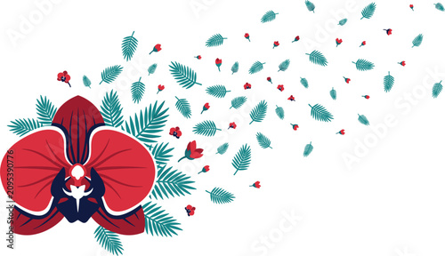 Foto Tropical red orchid flower with blowing green leaves wind scattering effect on isolated white background vector