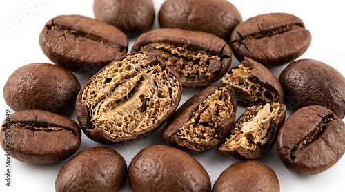 Roasted coffee beans, brown coffee seeds, cracked coffee beans, coffee ingredients