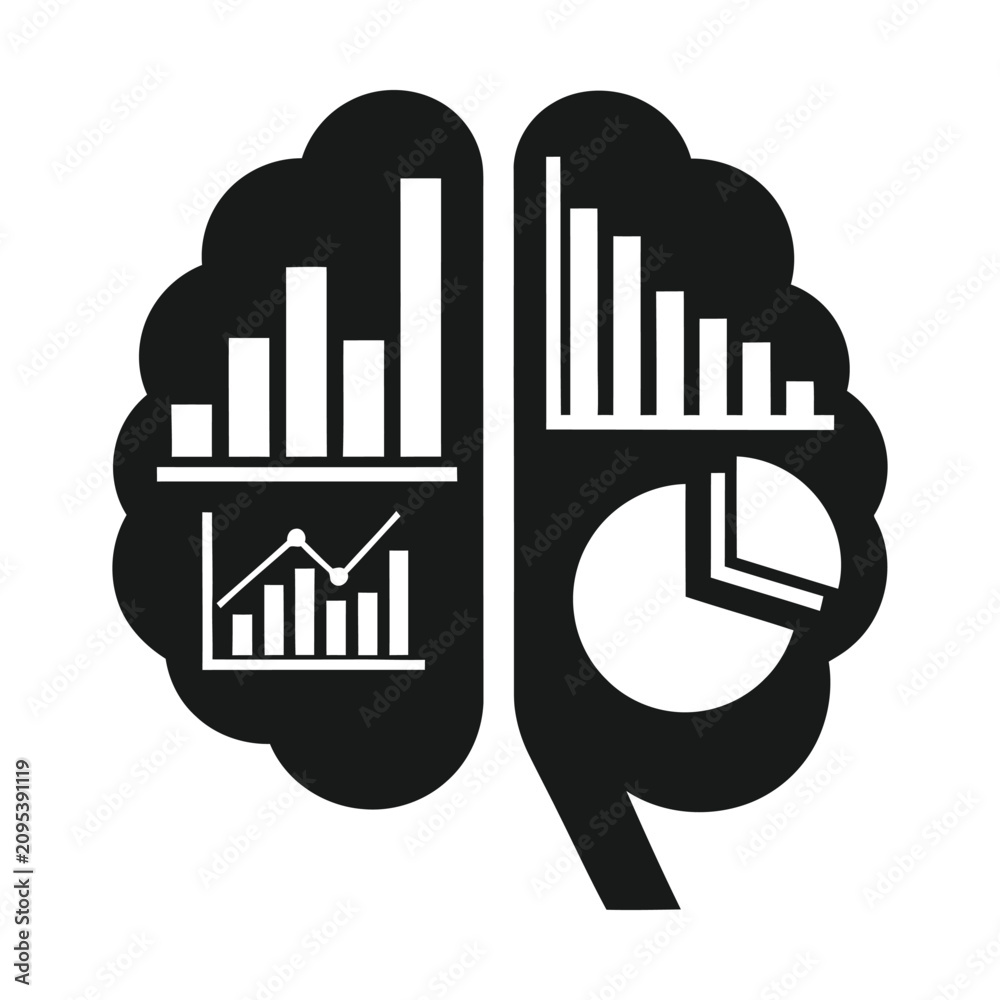 Obraz premium Data science brain icon with financial charts, human intelligence analytics vector, business logic and market research