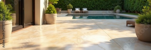 Beige marble tile flooring, outdoor patio detail, patio, flooring