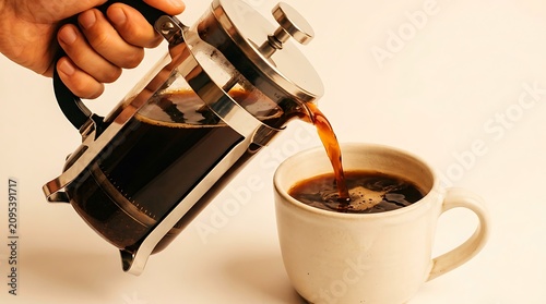 Pouring coffee, French press, morning drink, hot beverage, coffee cup