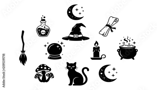 Tablou pe pânză Magic Witchcraft Symbols Set with Moon Stars and Potion Icons Featuring Cat, Cau