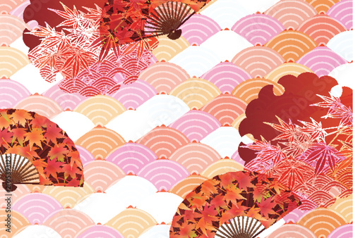 Elegant Japanese traditional background featuring maple leaves and folding fans