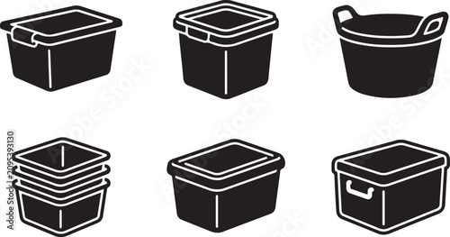 Six different plastic storage bins with lids illustrated in black and white Vector