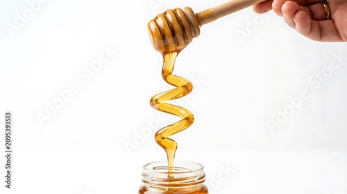 Honey, golden liquid, dripping from wooden dipper, honeycomb texture