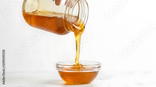 Golden honey pouring, honey in glass, sweet liquid, food ingredient