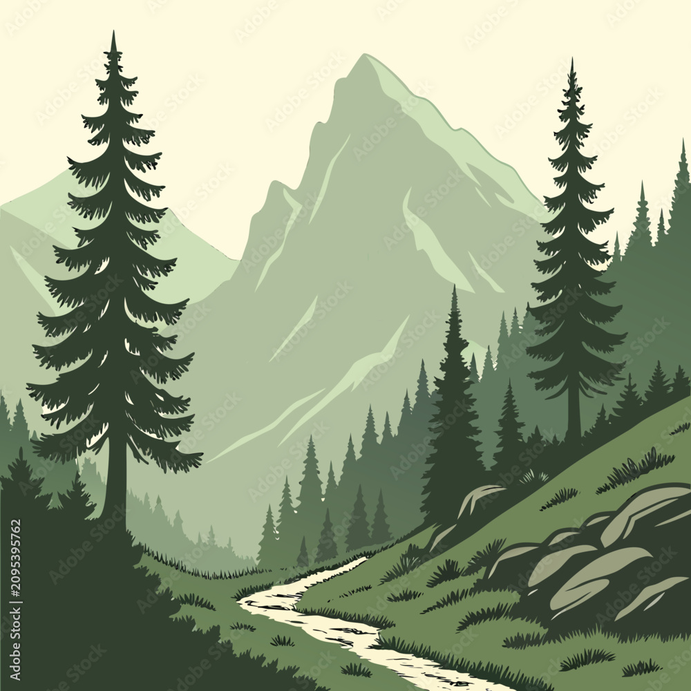 Fototapeta premium Evergreen Mountain Ridges Flat Vector Landscape