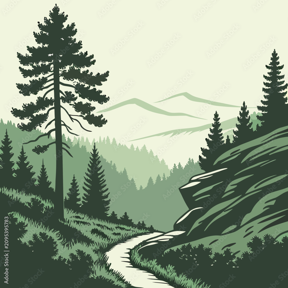 Fototapeta premium Evergreen Mountain Ridges Flat Vector Landscape