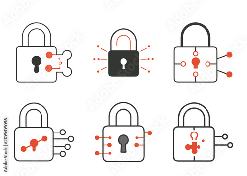Conceptual depiction of cybersecurity with various lock and network connectivity styles