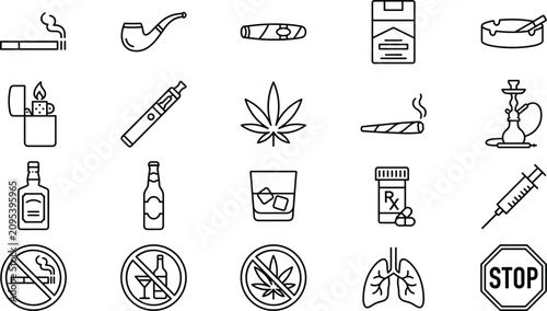 Cuadro en lienzo Smoking and addiction bad habits linear icons set featuring cigarette alcohol drugs cannabis medical pill lungs vector symbols