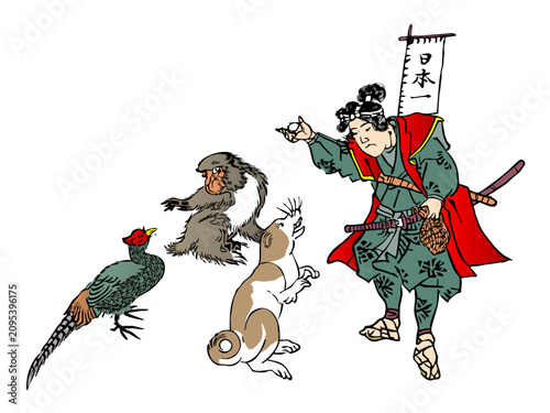 桃太郎と仲間たち浮世絵風