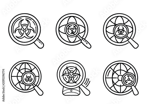 Set of global threat research icons with a magnifying glass outline style