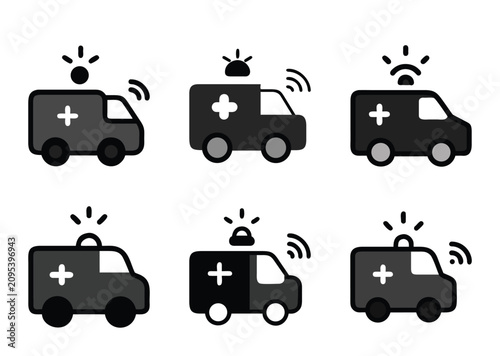 Six cartoon ambulance icons with varying designs and color schemes displayed