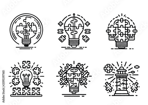 Six variations of puzzlebased bulb or lighthouse icons representing strategic thinking