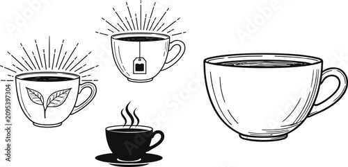 Fotografie Coffee cup and hot tea mug vector illustration set with retro hand drawn line ar