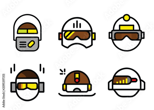 Stylized vector icons depicting various types of helmets and headgear designs
