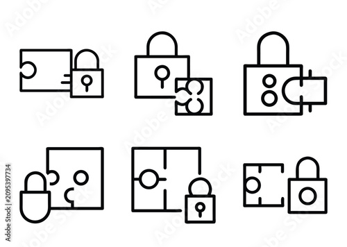 Various padlocks and puzzle pieces indicating security or solving problems concept