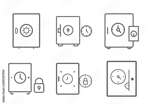 Various safety deposit boxes and secure containers with time locks depicted