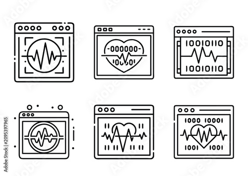 Vector Icons depicting heart rate monitoring using web browsers and binary code