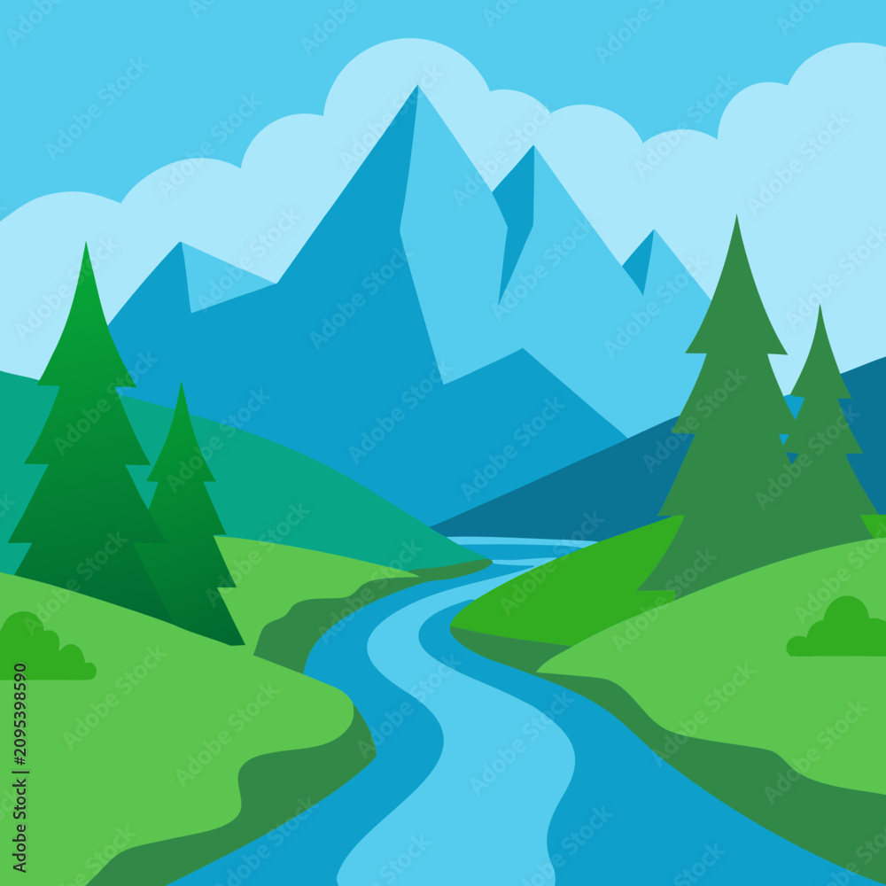 Fototapeta premium Mountain River Valley Flat Vector Landscape