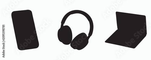 Fotografía Minimalist collection of consumer electronics icons featuring a smartphone, over-ear headphones, and a laptop computer