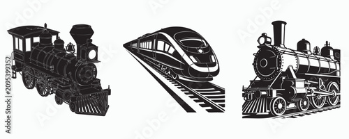 Cuadro en lienzo Collection of train vector illustrations featuring a vintage steam locomotive, a modern high-speed passenger train, and a classic railway engine