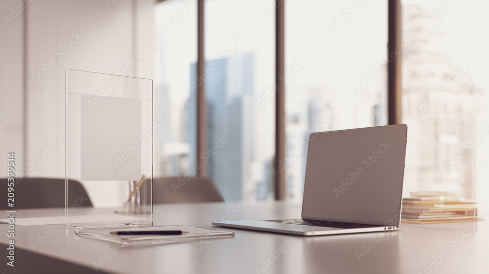 Fototapeta premium Minimalist future office workspace with a blank laptop, transparent acrylic planning boards, digital pen, clean desk organization, warm daylight, subtle AI productivity concept without robots