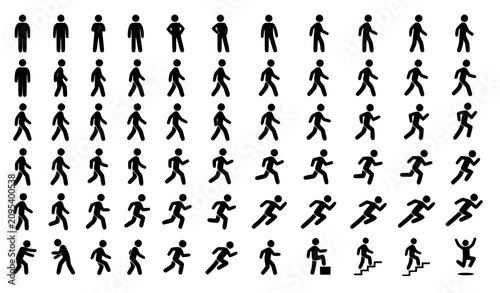 Cuadro en lienzo Human Locomotion Stick Figure Icon Set Walking Running Movement Evolution Black