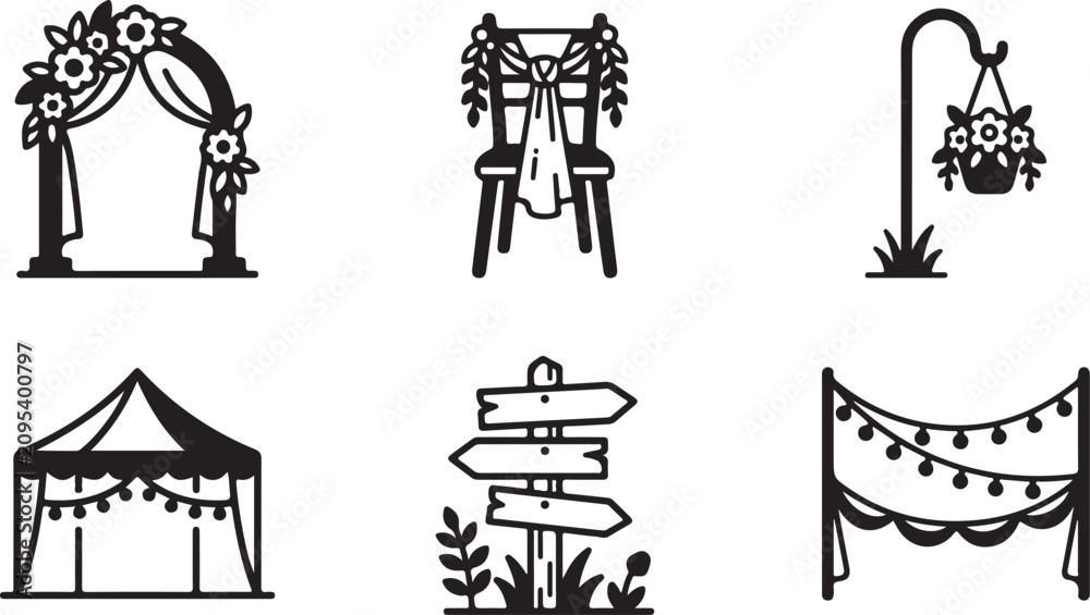 Naklejka premium Black and white wedding and party decorative icons set Vector