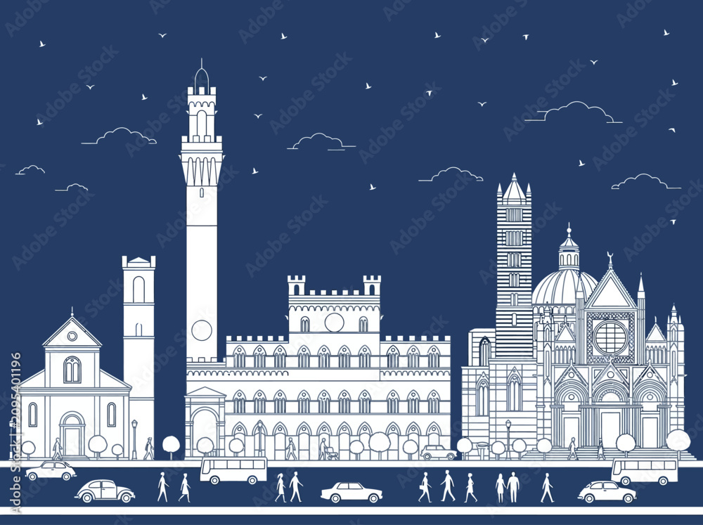 Fototapeta premium Siena Italy City Skyline Vector Illustration with Historic Architecture Line Art
