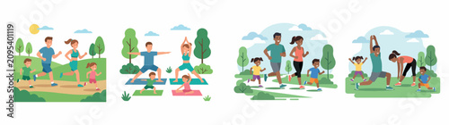 Photos Happy Diverse Families Practicing Yoga and Jogging Together in a Sunny Public Pa