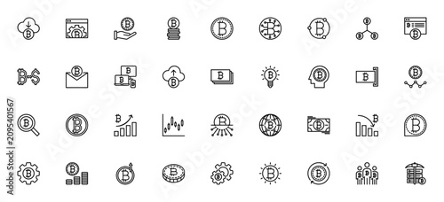 Bitcoin icon set. Cryptocurrency vector icons. Minimalist pack featuring Bitcoin, exchange, idea, responsive, profits, analytics, loss, mining, human pictos and more. Editable vector stroke.