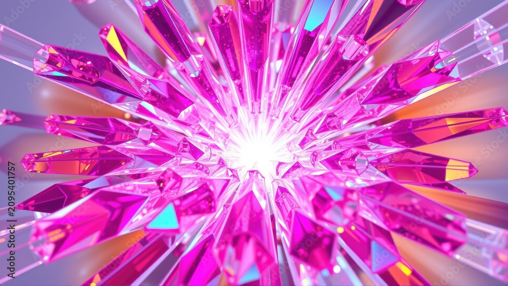 Obraz premium Vibrant pink crystal explosion. Light radiates outward from central point, creating dynamic visual effect. Dark background emphasizes luminosity.