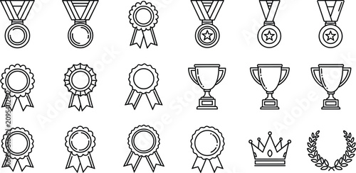 Photos Award medal trophy and rosette ribbon line icon set with vector symbols for corp