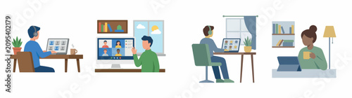 Fotografía People working from home and participating in online video conferences, webinars