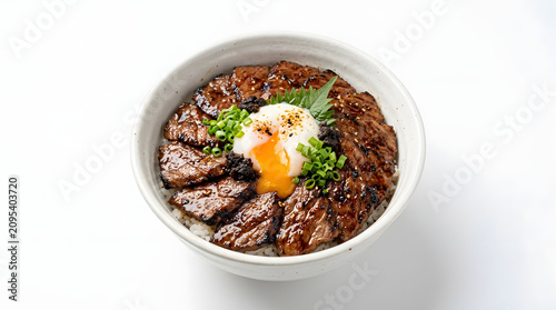 Premium Japanese Nikudon beef bowl featuring glossy grilled meat, a runny onsen egg, and scallions. Isolated on white background