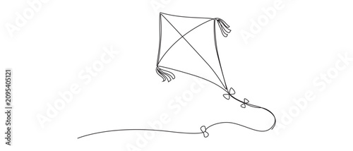 Continuous One Line Drawing of Flying Kite Minimalist Line Art Vector,Minimalist Kite One Line Drawing Black Stroke Vector