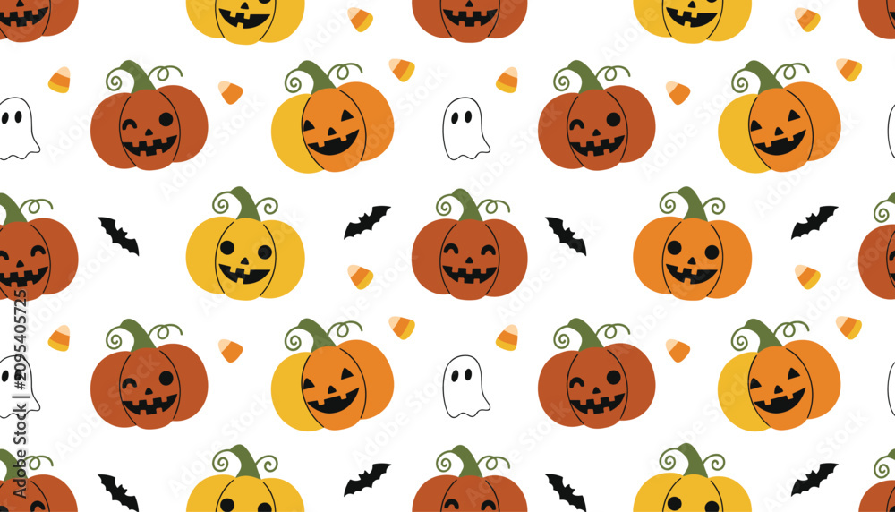 Fototapeta premium Playful Halloween seamless pattern displays spooky ghosts, bats, candy corn, and smiling pumpkins on a clean white background.