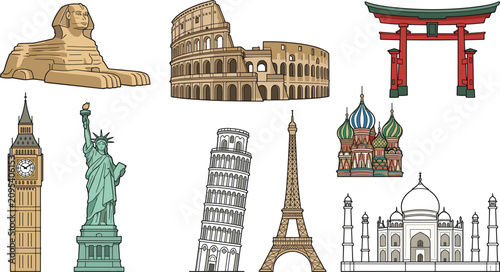 Εκτύπωση καμβά Global travel historical landmarks vector icons set featuring famous world monum