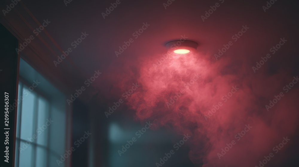 Obraz premium A smoke detector shines red light in a dark room as smoke slowly drifts through the air, creating a scene of urgency and safety concern. The room appears dim and unsettling
