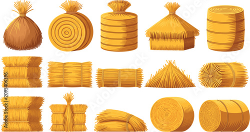 Foto Golden hay bales and straw stacks vector illustration collection with agricultur