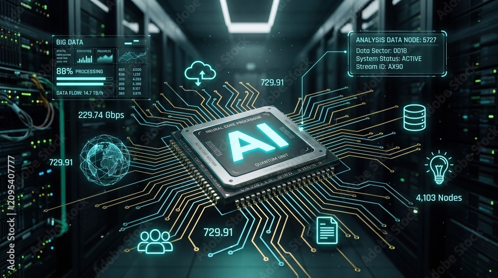 Fototapeta premium Futuristic artificial intelligence processor chip with glowing neural network circuits and big data analysis interface floating in a high-tech server room representing advanced