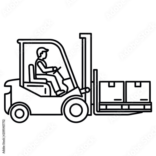 Forklift operator driving with boxes on pallet jack in warehouse setting