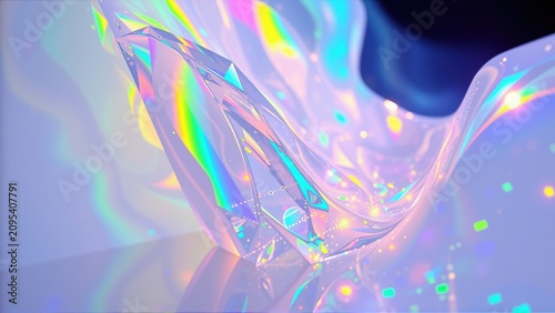 Abstract iridescent shapes, flowing forms. Light refracts, creating vibrant spectrum. Soft gradients, dreamy visuals.
