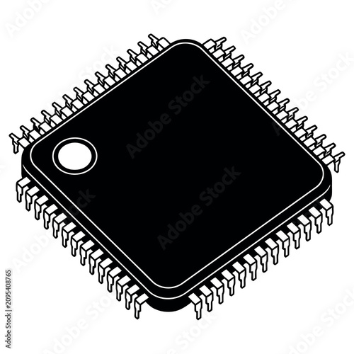 Photos Microchip with pins and circular indentation on black background