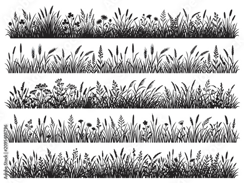 Set of meadow grass silhouettes borders detailed blades