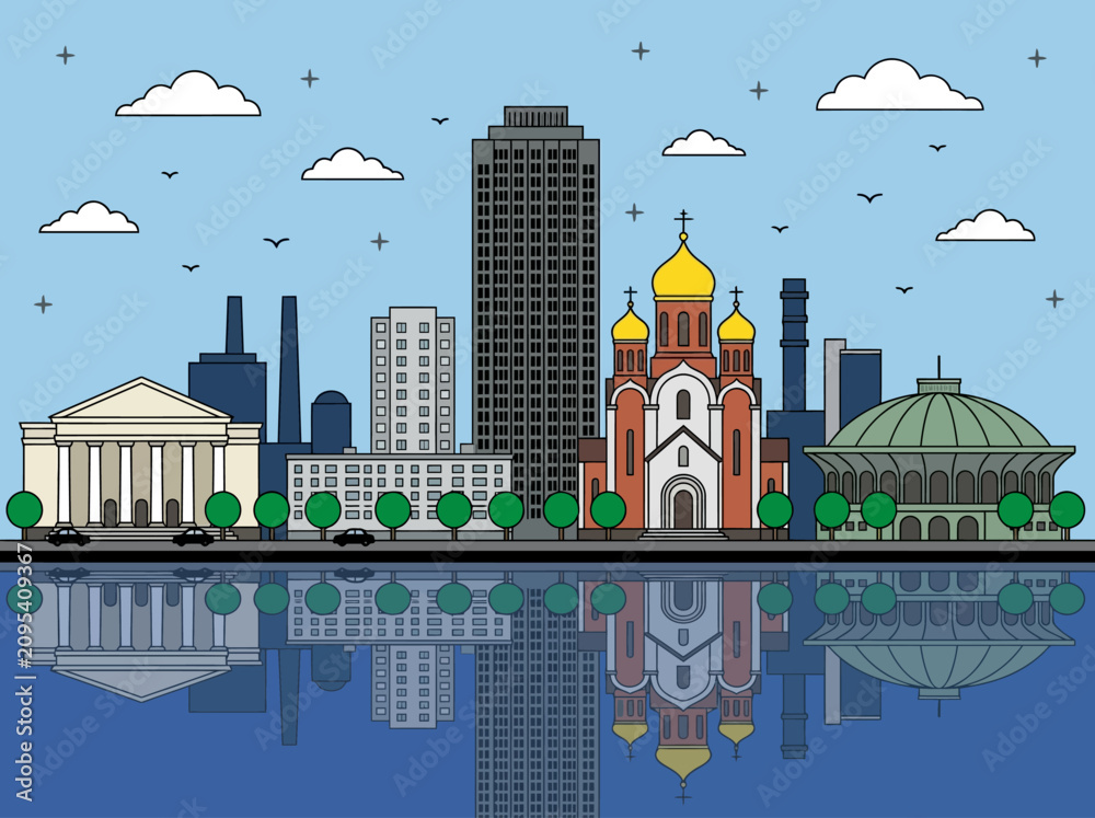 Obraz premium Flat Vector City Skyline Illustration with Orthodox Cathedral and Water Reflection
