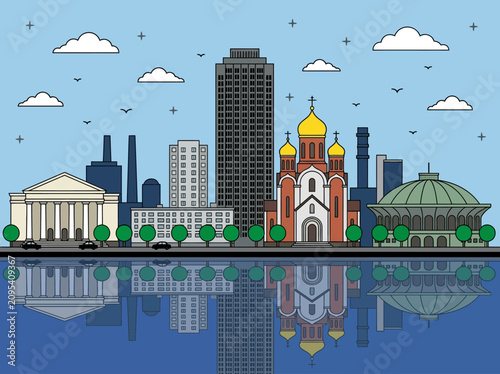 Quadro su tela Flat Vector City Skyline Illustration with Orthodox Cathedral and Water Reflecti