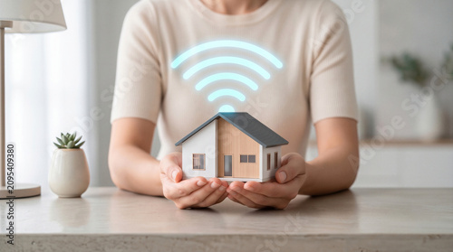 Woman holding a model house with a glowing Wi-Fi symbol. Smart home technology, and wireless internet connection